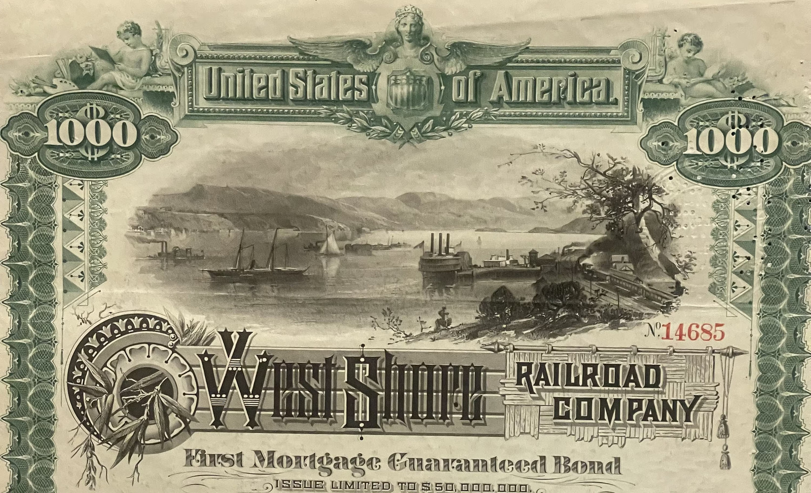 Antique 1885 West Shore Railroad $1,000 Gold Bond 🛤️ Certificate w/ Coupons