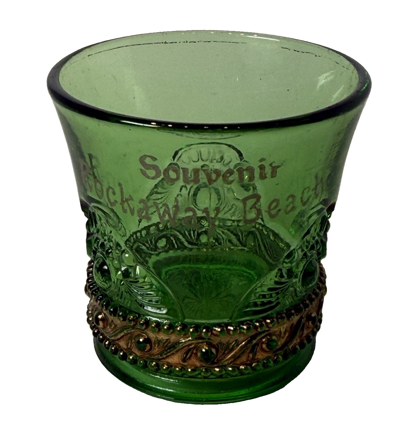 ROCKAWAY BEACH NY NEW YORK Souvenir ANTIQUE DEPRESSION GREEN Glass TRINKET CUP