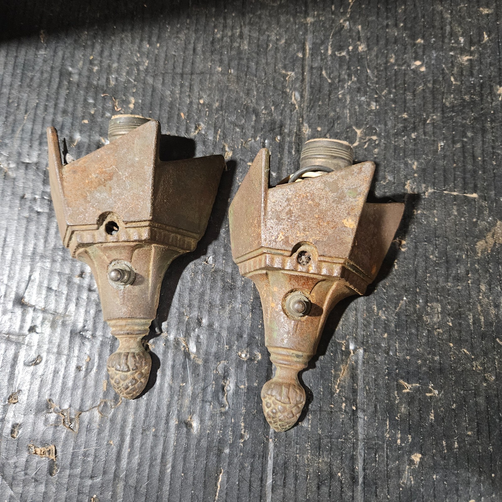 PAIR Antique Art Deco Sconces slip shade ? Frosted / Stained glass? cast iron