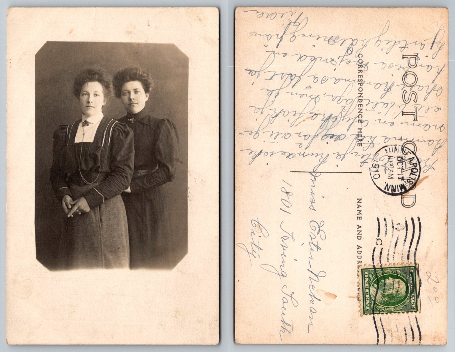 1910 RPPC Minneapolis MN Two Young Women Portrait Postcard Posted