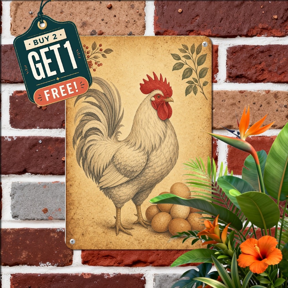 Warm Sepia Farmhouse Rooster Eggs Sign Retro Country Kitchen Wall Decor 8x12