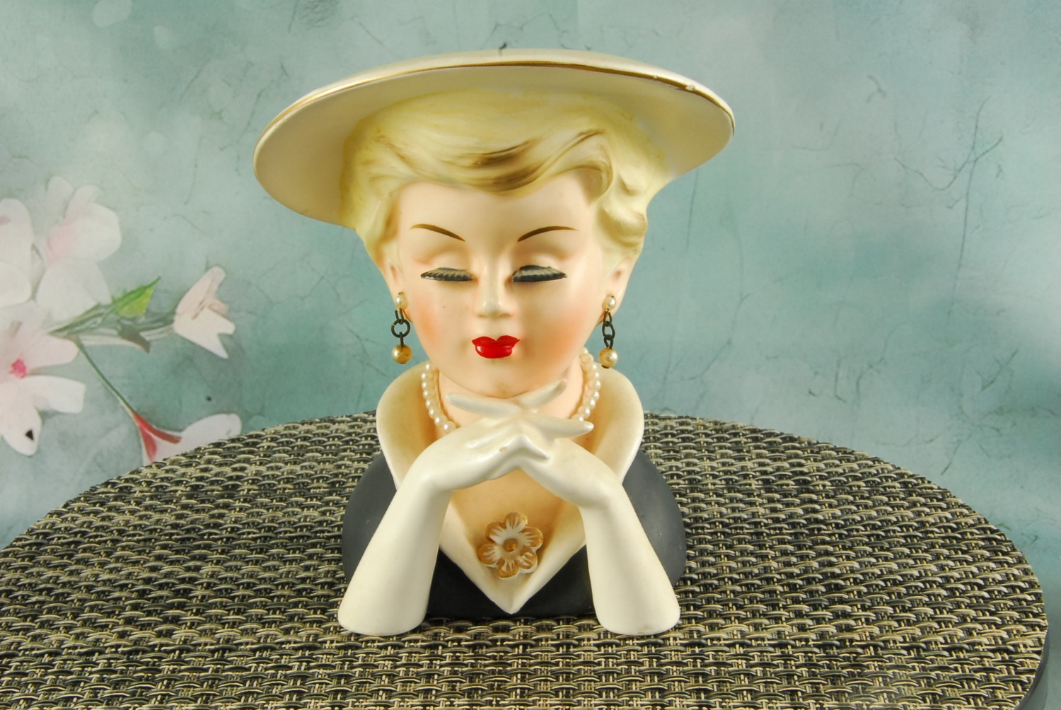 Vintage RUBENS #494 Lady Head Vase - Blonde w Crossed Hands BLACK DRESS