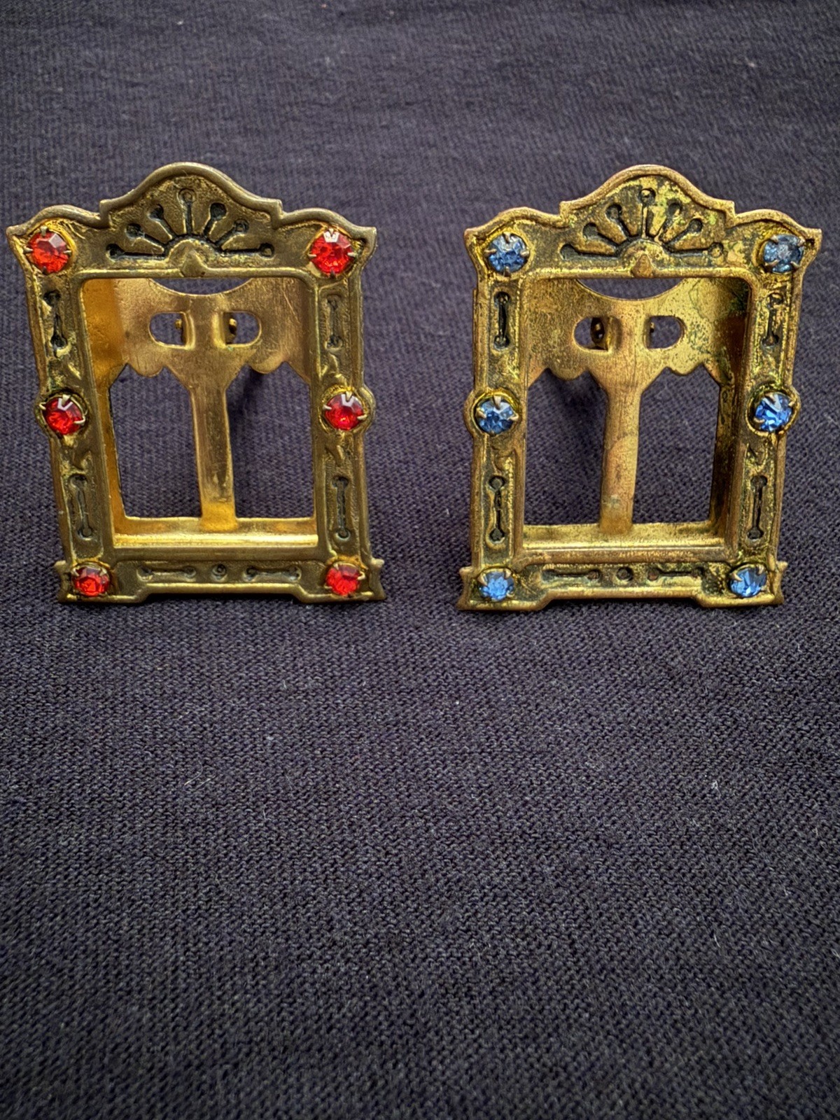 Antique Micro Mini Art Deco Jeweled Brass Picture Frame Easel Back Czech 