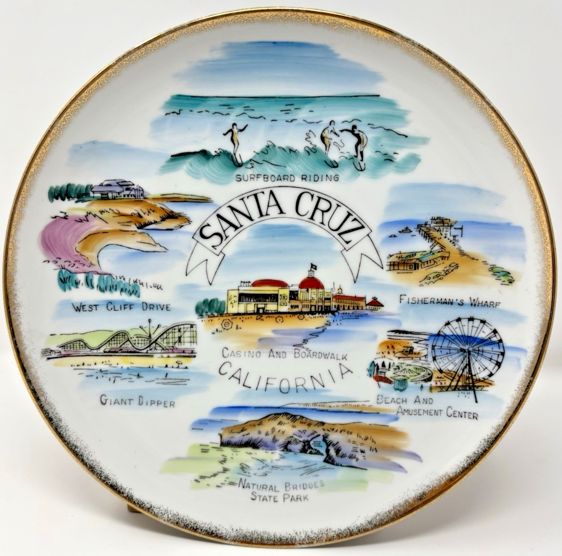 Vintage 1950s Santa Cruz California Surfing Plate Surfboard Boardwalk Gold Rim