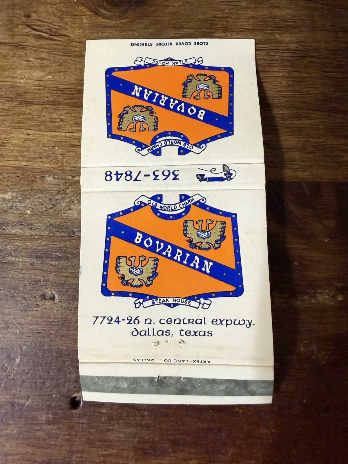 G1491 Bovarian Steak House Restaurant Dallas Texas Vintage Matchbook Cover
