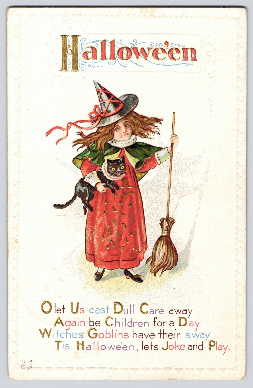 Antique Halloween Postcard 1919 Nash H 14 Girl Witch Black Cat Spider Web Emboss