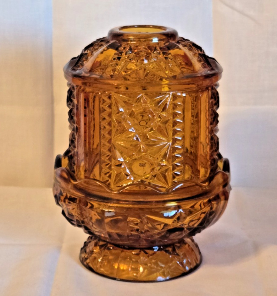 Vintage Indiana Glass Amber Stars & Bars 2 piece Fairy Lamp 6.5\