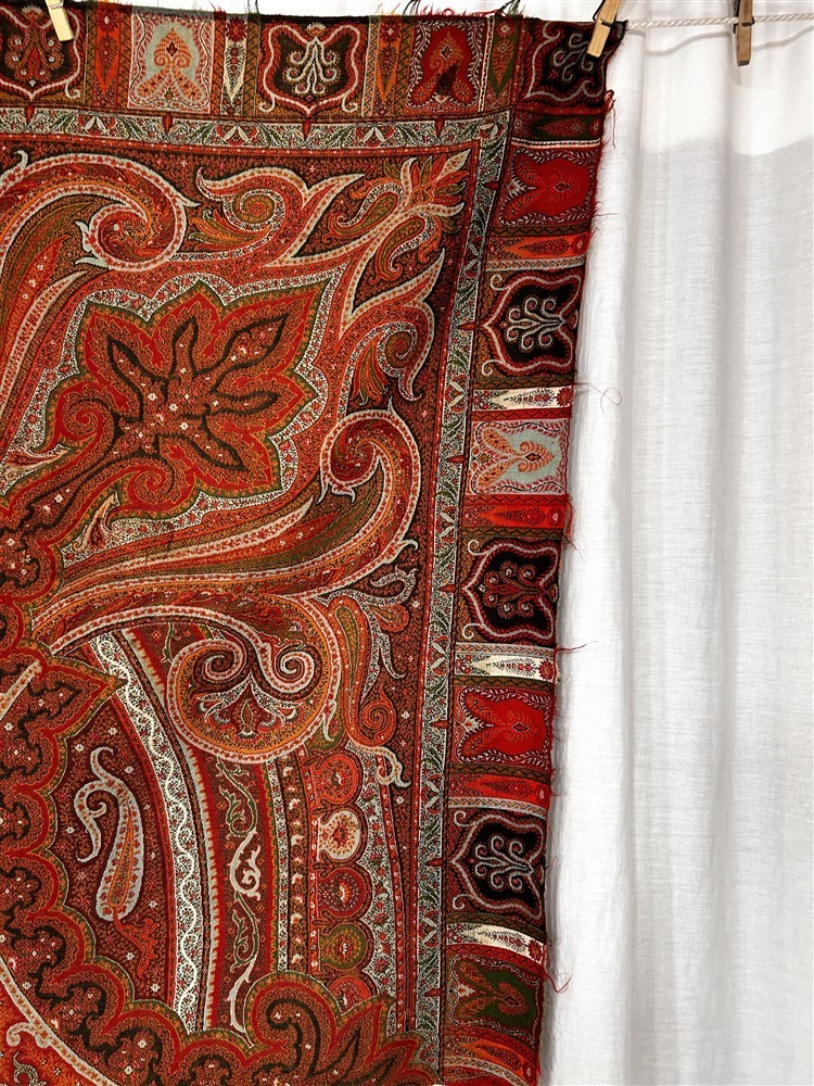 antique paisley piece remnant wool hand woven red/black original 1800s