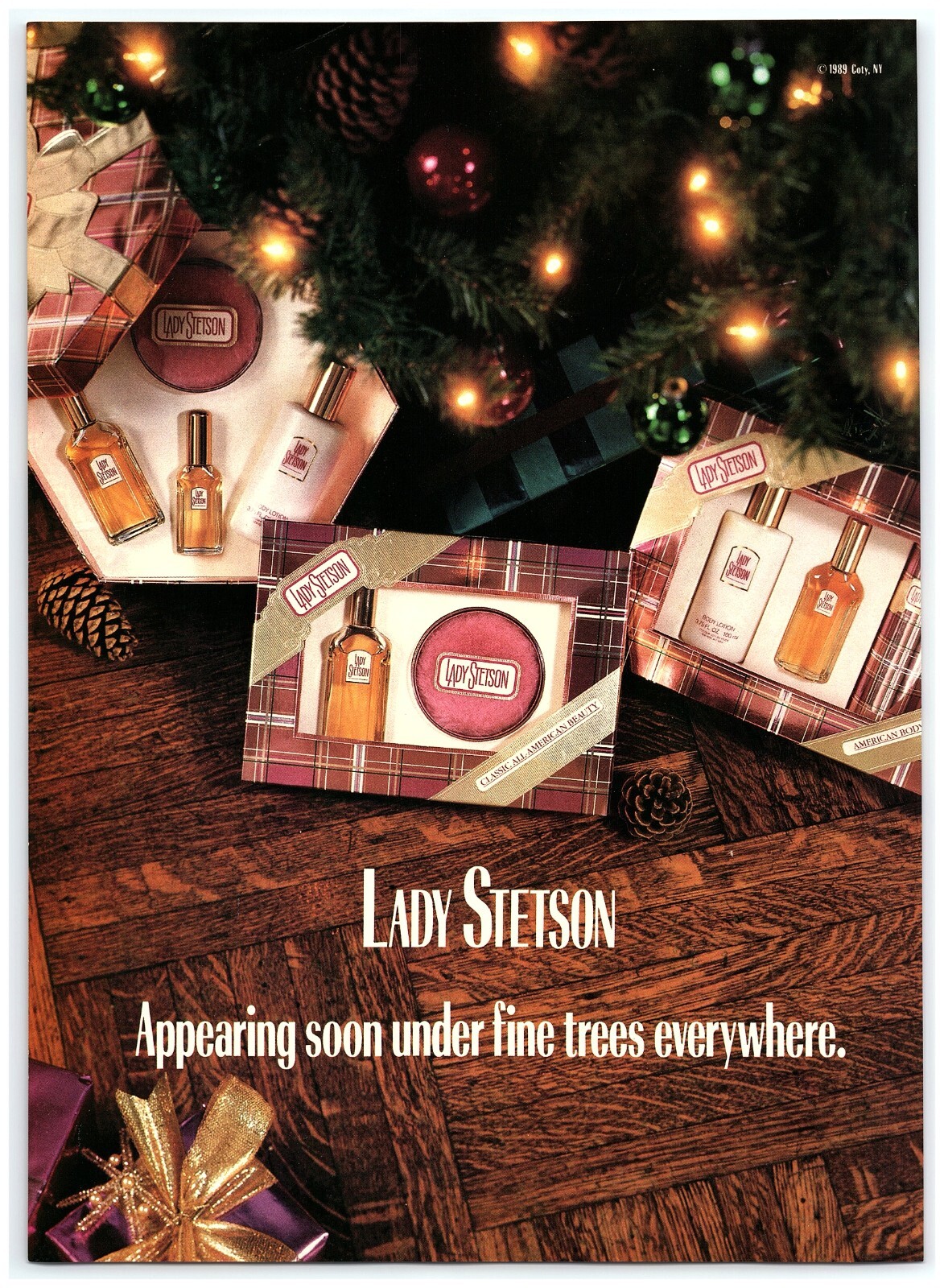 1989 Lady Stetson Vintage Print Ad, Classic All American Beauty Christmas Tree