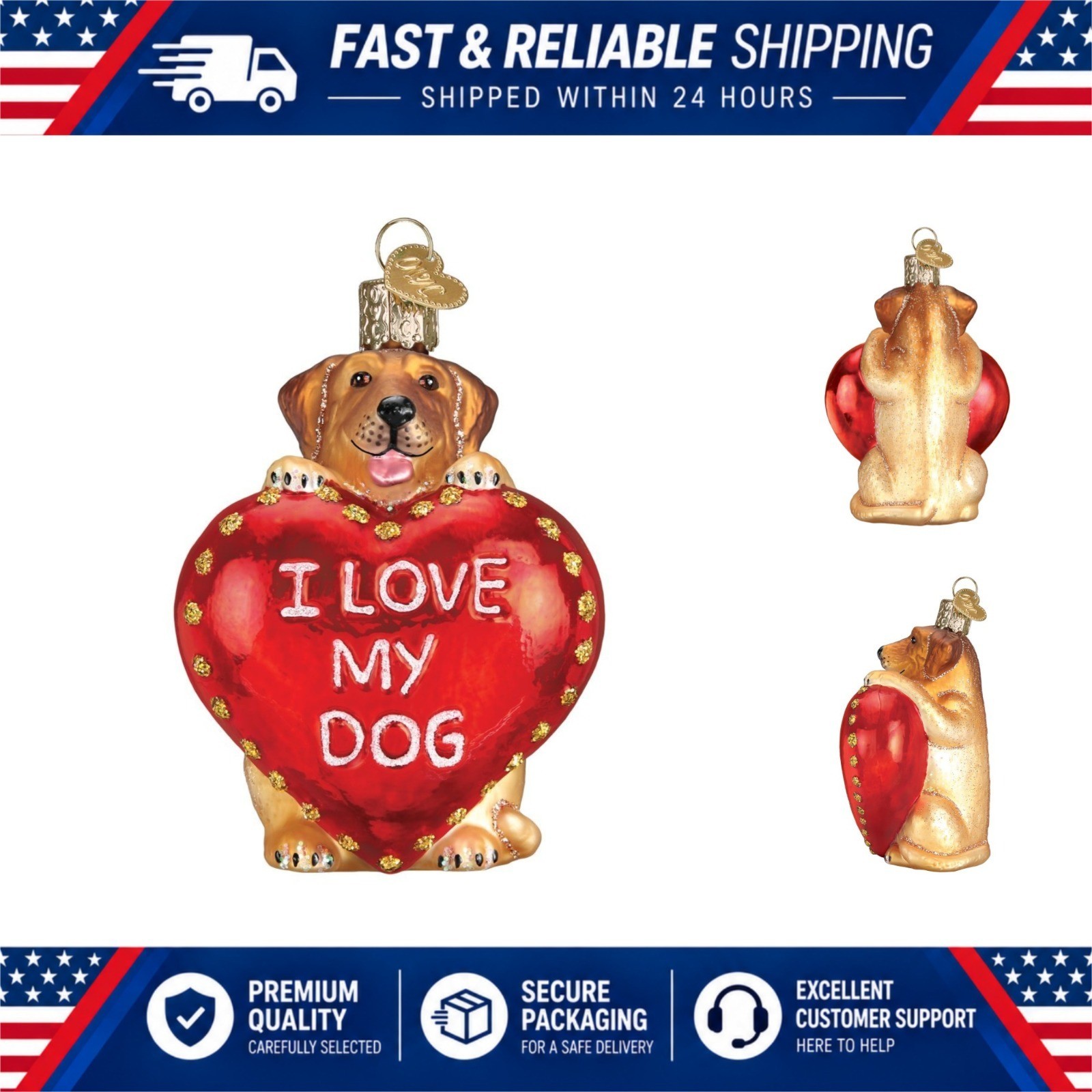 Old World Christmas I Love My Dog Glass Ornament Handcrafted Holiday Tree