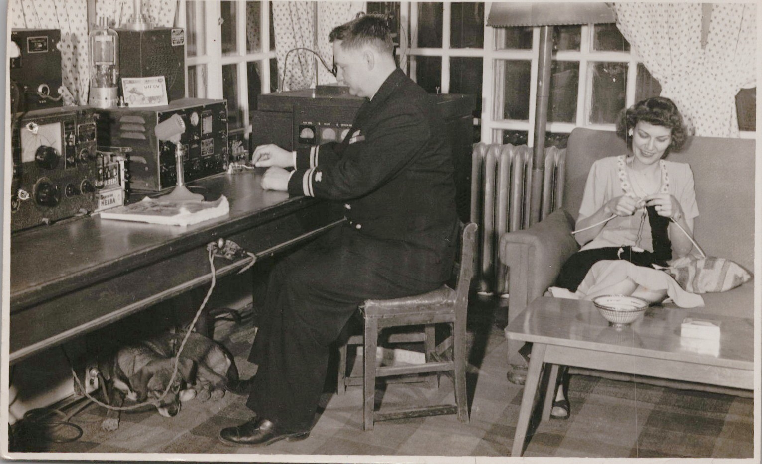 Vtg B&W Snapshot Navy Officer Ham Radio Operator Wife Knitting Dog Under Desk