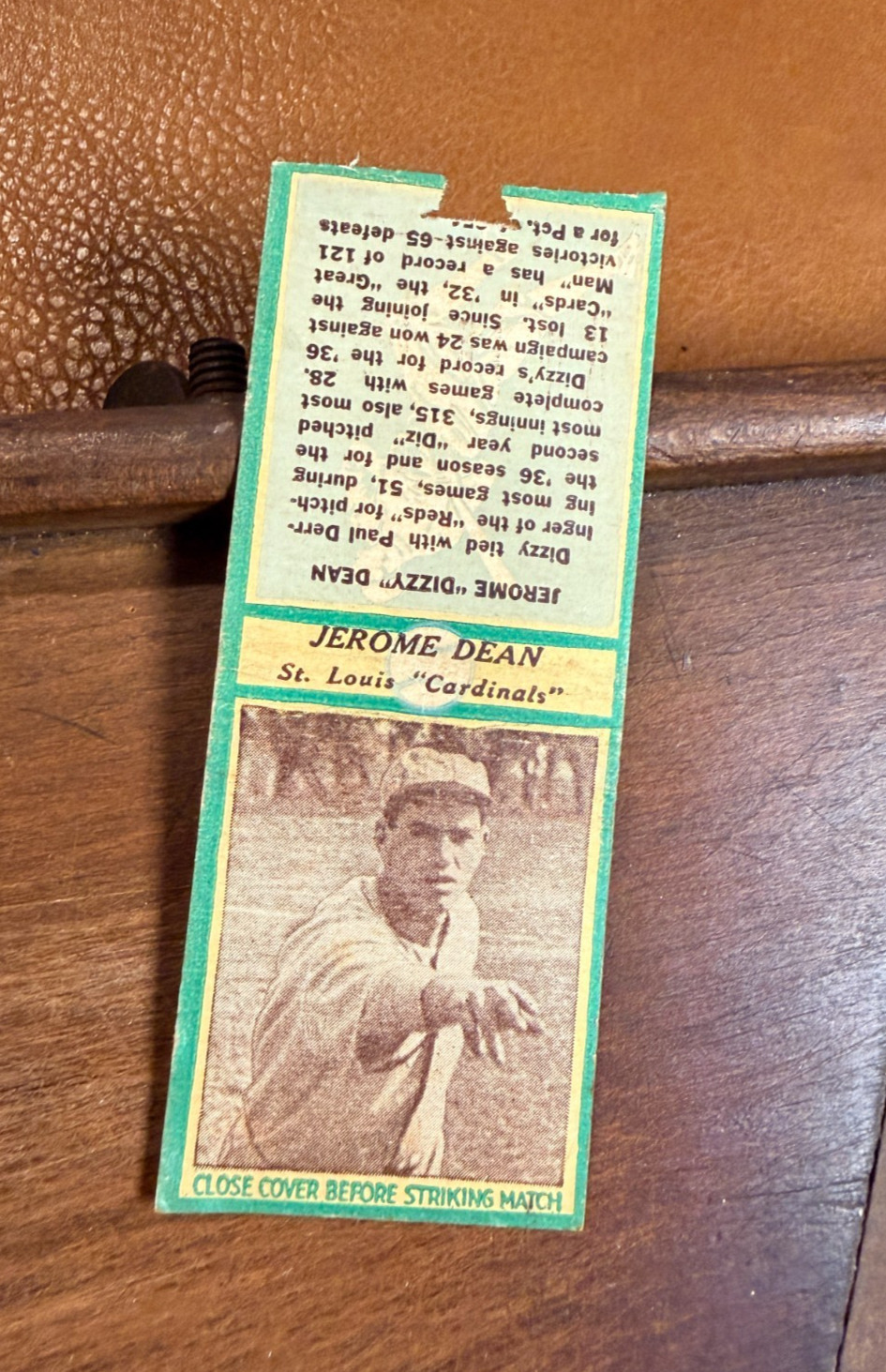 1937 Diamond U3-2 Dizzy Dean Green St Louis Cardinals HOF Matchcover Bobtailed