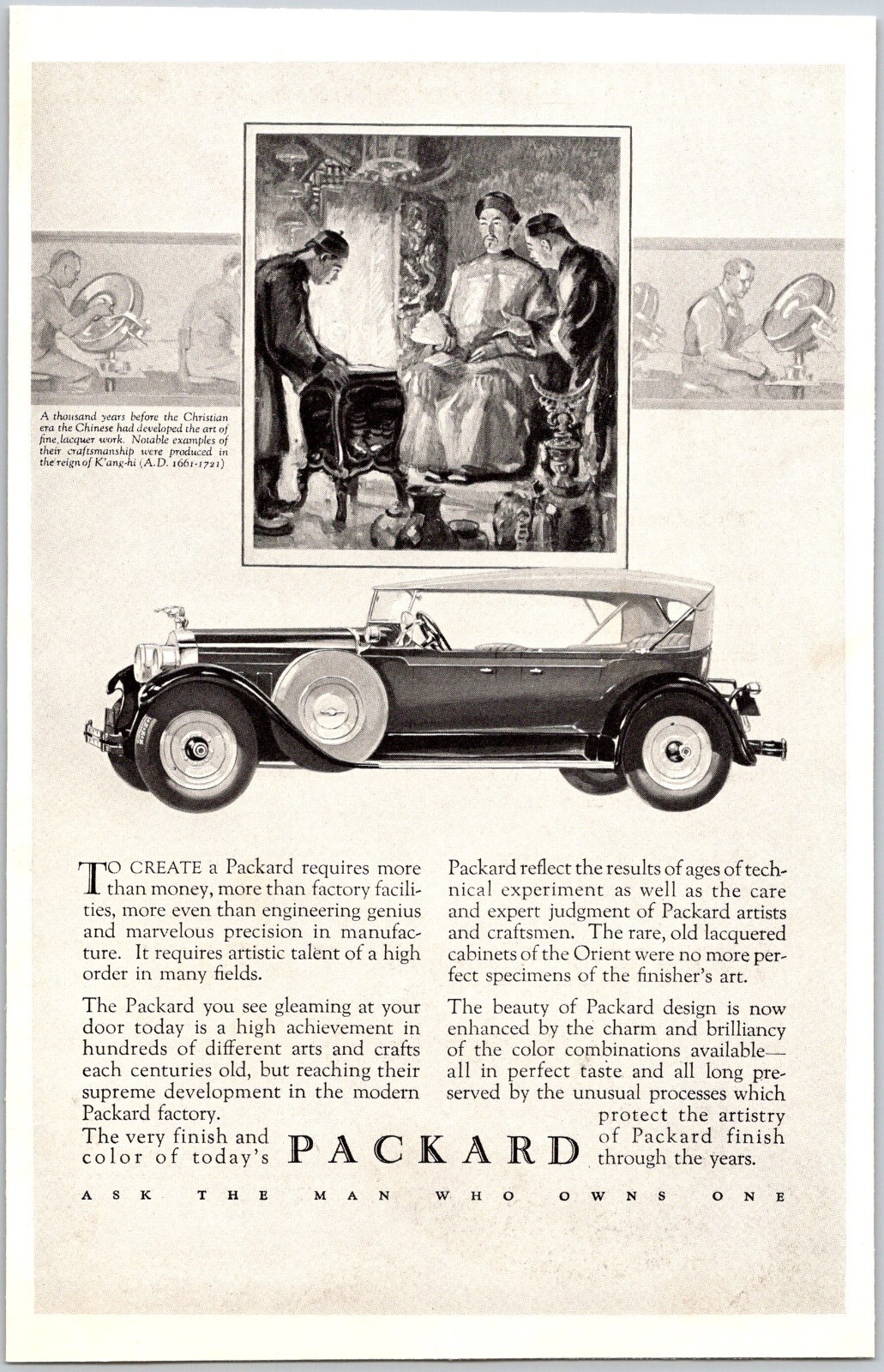 PRINT AD 1927 Packard Phaeton Chinese Craftsmanship K\'ang-hi Kangxi 6 x 9