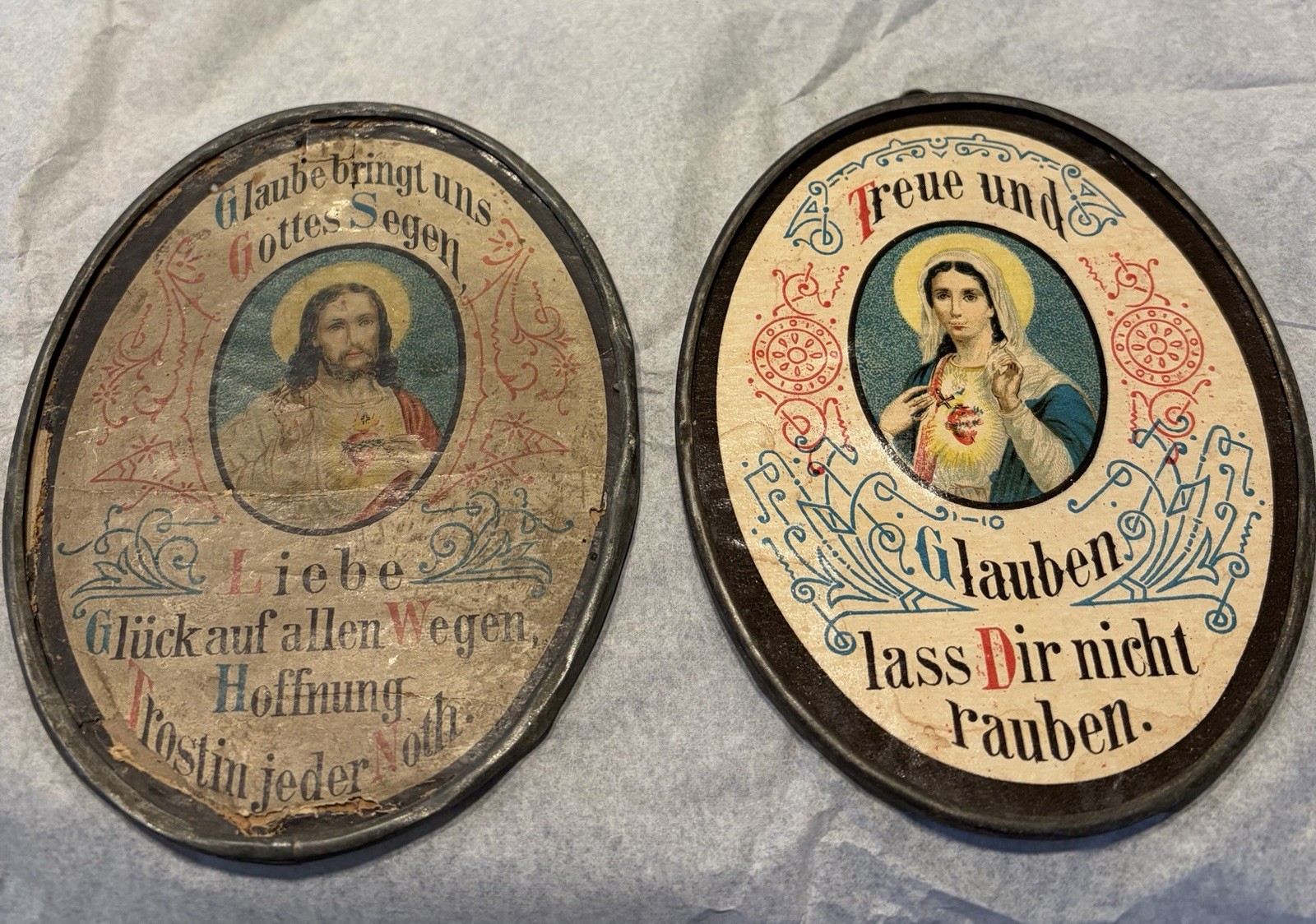 Antique Pair of German Sacred Heart Devotional Motto Plaques c.1890-1915