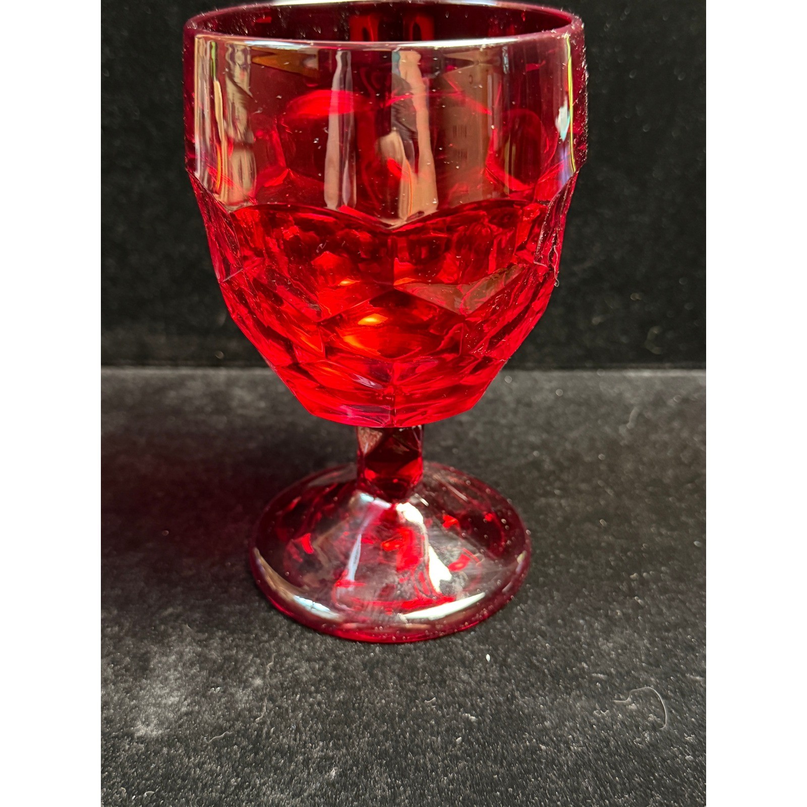 Vintage Ruby Red Glass Goblet Thumbprint Pattern Stemware Wine Water Glass