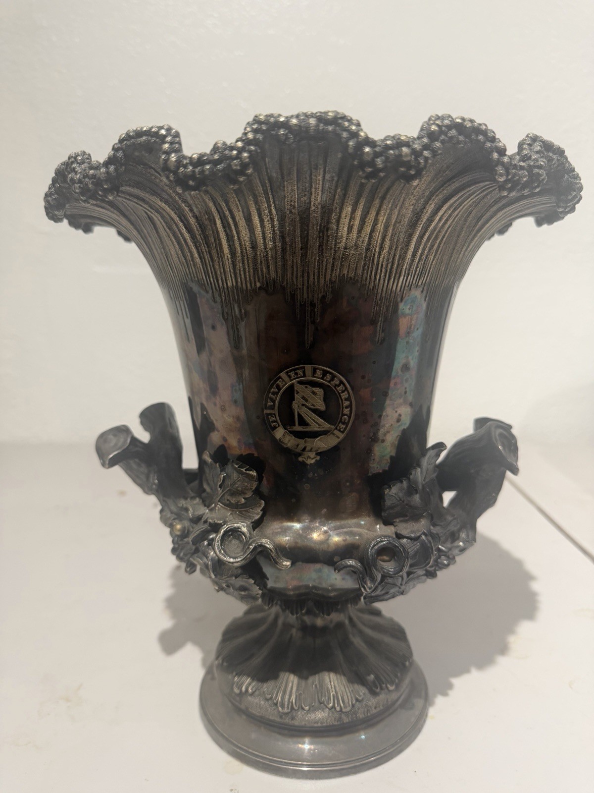 Antique Victorian Silverplate Urn Vase with Grape Pattern, Fluted Design