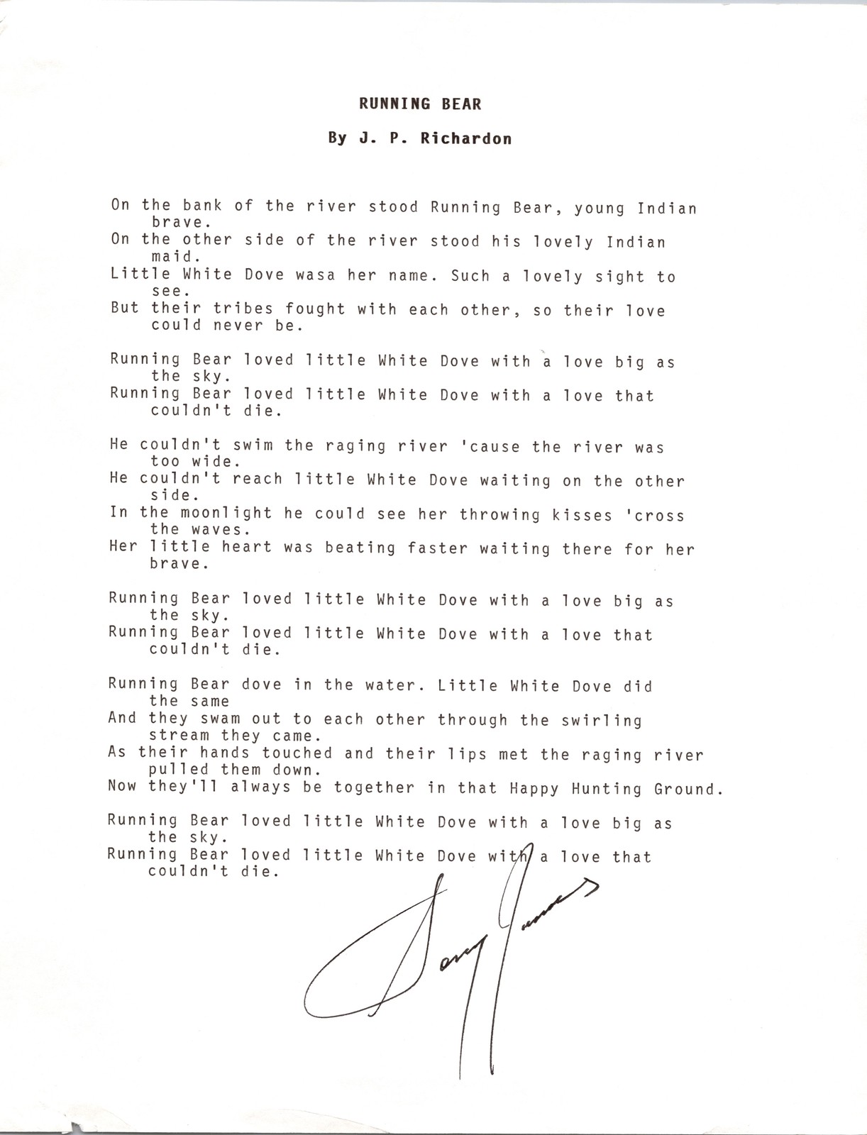 8 x 10 Typed Song Lyrics Signed Autograph - Sonny James (a)