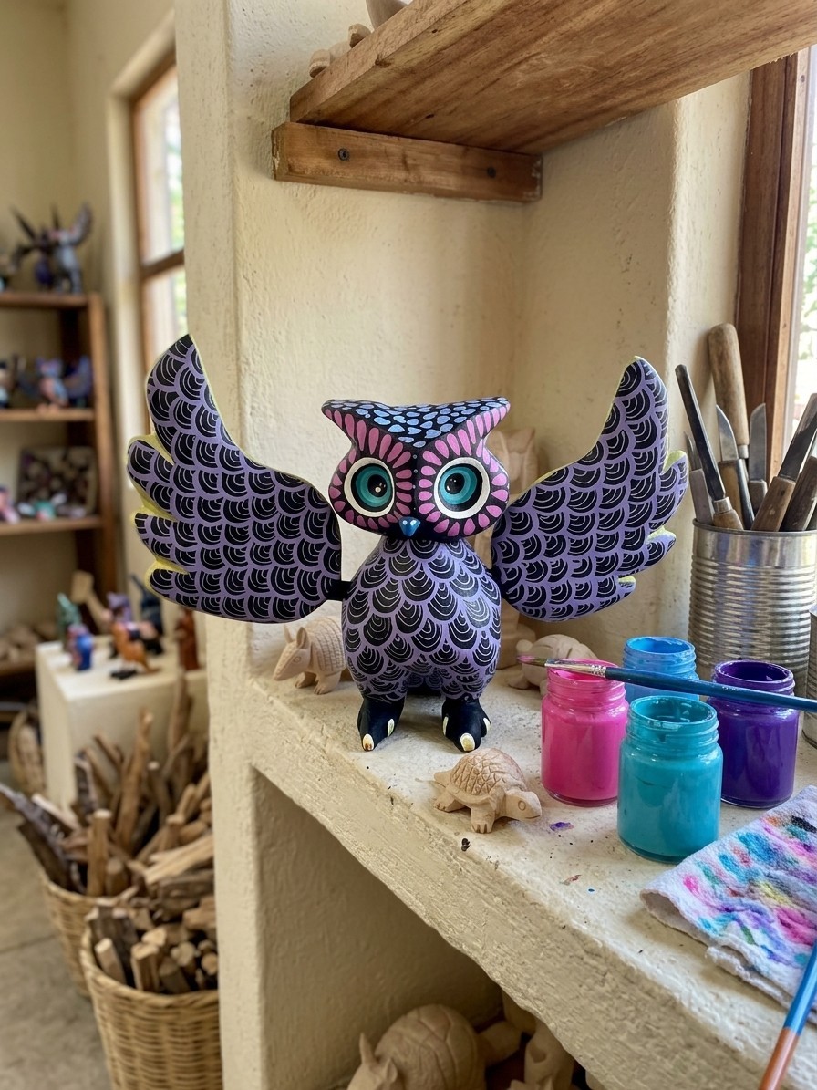 Oaxacan Alebrije Owl 8in Fuentes Workshop Mexican Folk Art Carving