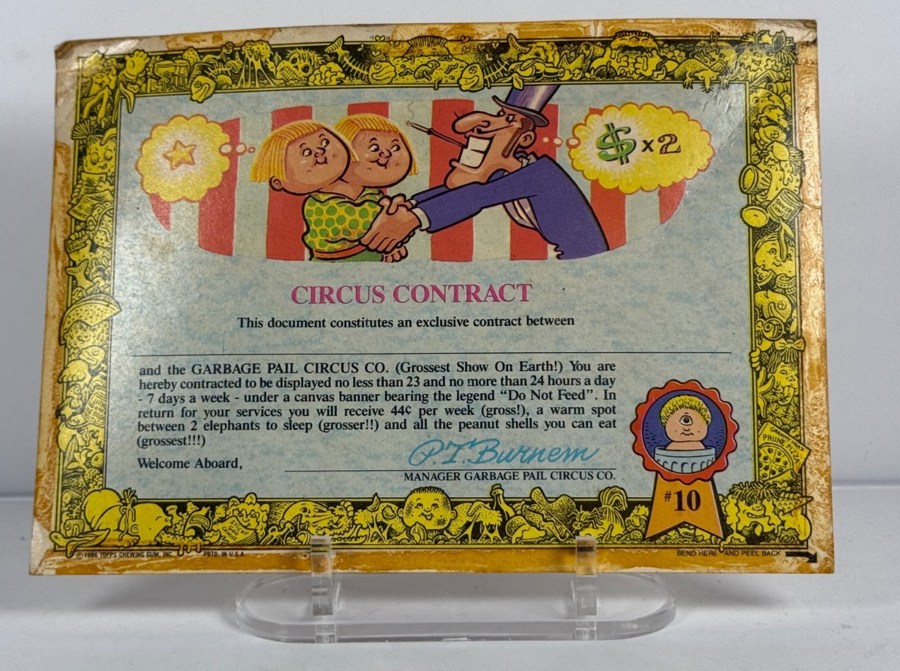 1986 Topps Garbage Pail Circus Contract #10 Vintage GPK Paper Collectible