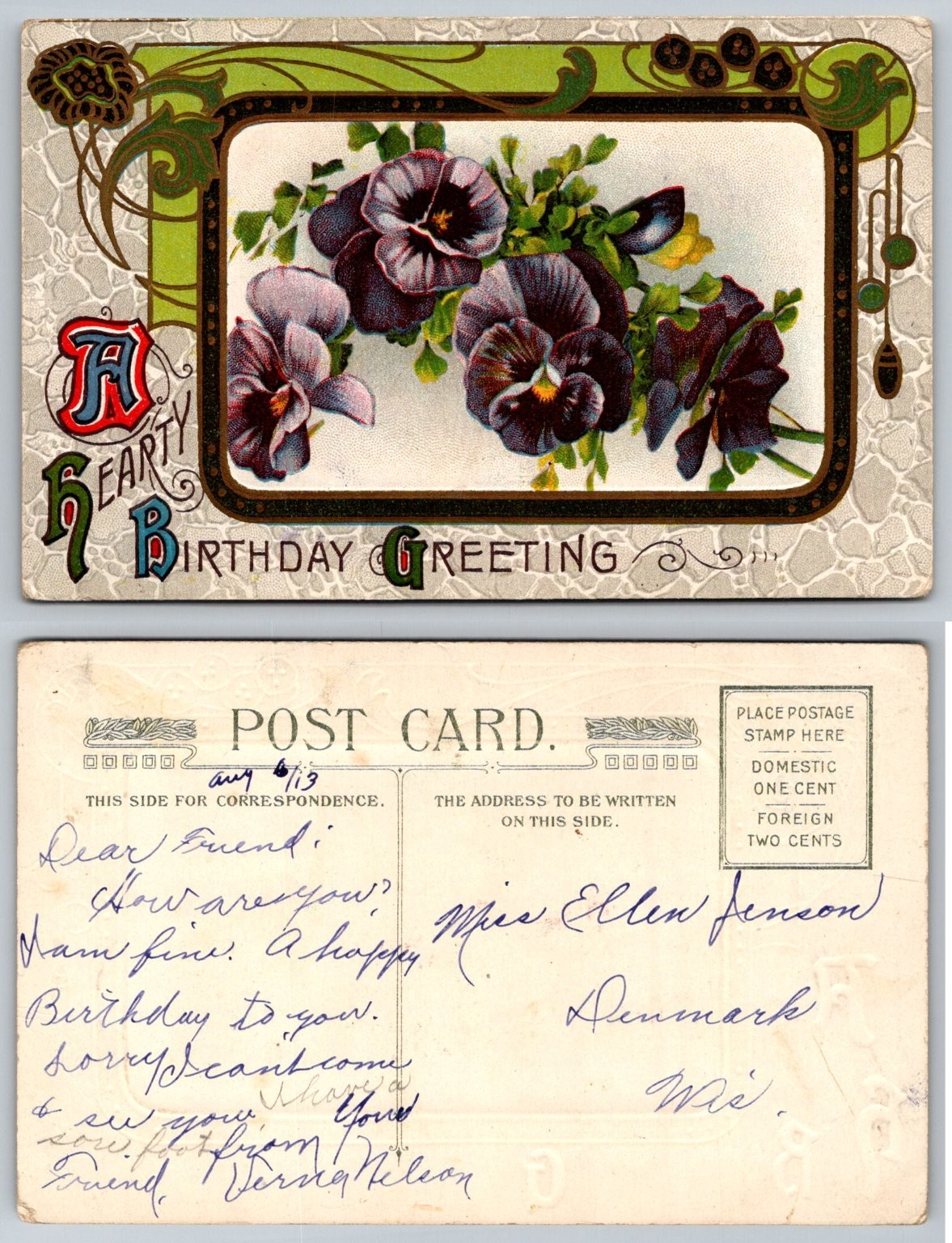 1913 A Hearty Birthday Greeting Postcard with Pansies - Denmark, WI Posted