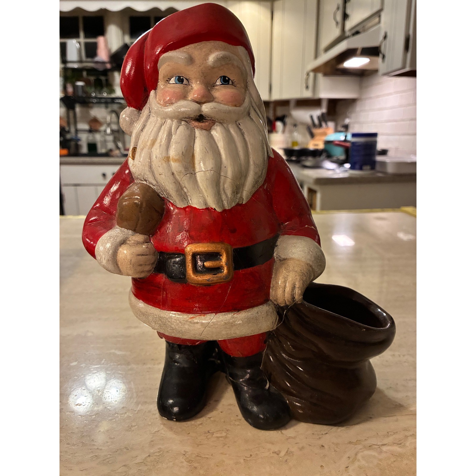 VTG Ceramic Santa Claus Figurine Planter Red White 11.5in *Cracks Glued, in pics