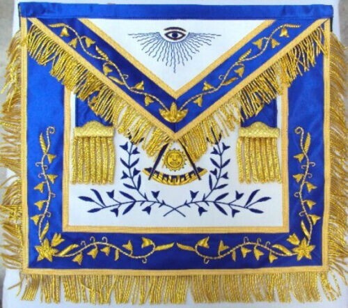 Hand Embroidered Masonic Past Master Apron Blue Silk Border Gold Embroidery