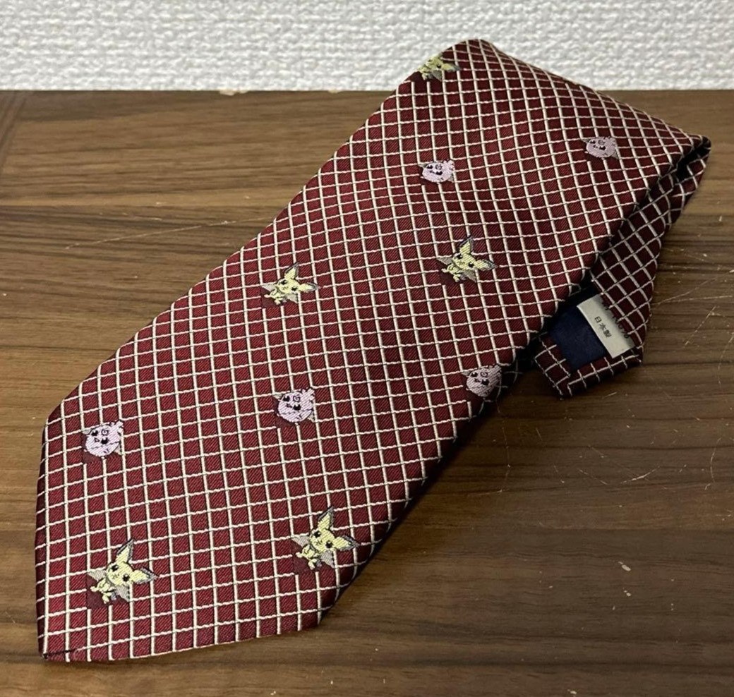 Vintage Pokemon Pichu Igglybuff Neck Tie Burgundy Check Pattern 100% Silk Japan