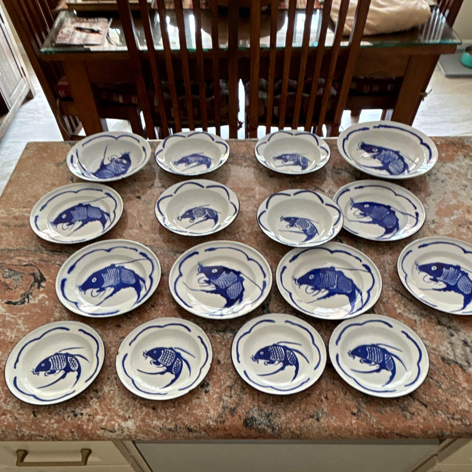 Vintage Chinese Enamelware Koi Fish Plate Bowl Set 16pc Goldfish Brand 1979