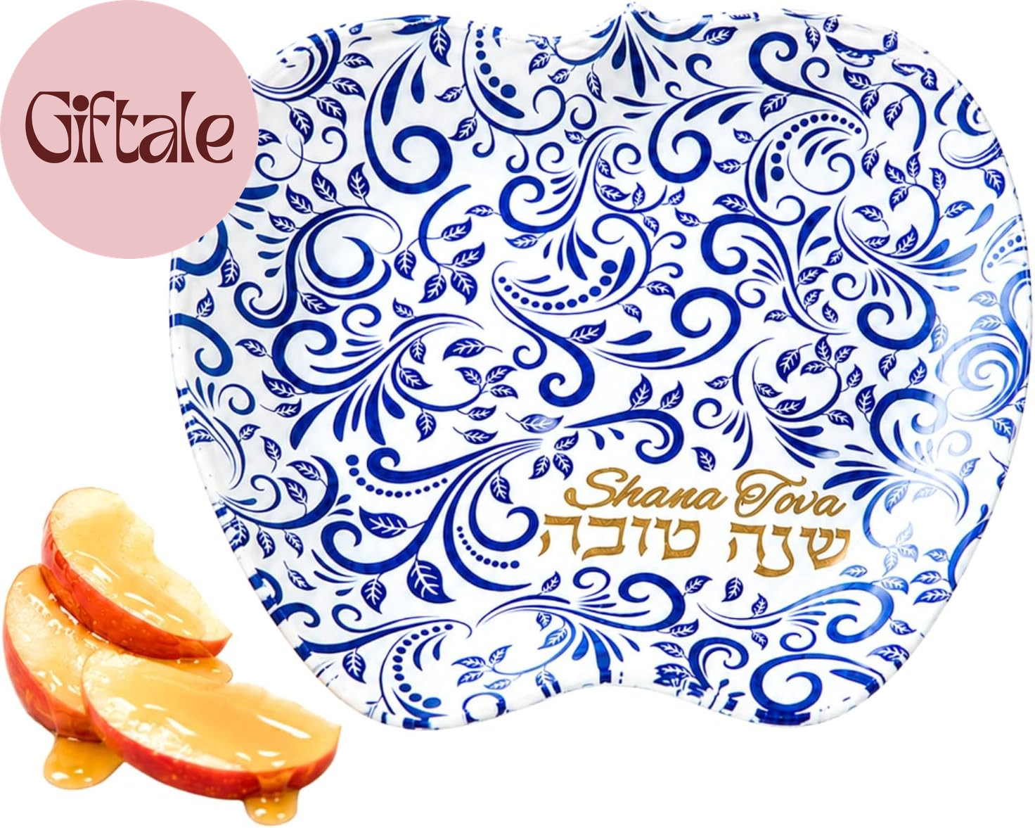 Rosh Hashanah Apple Shaped Honey Dish Glass Blue & Gold Jewish New Year Judaica