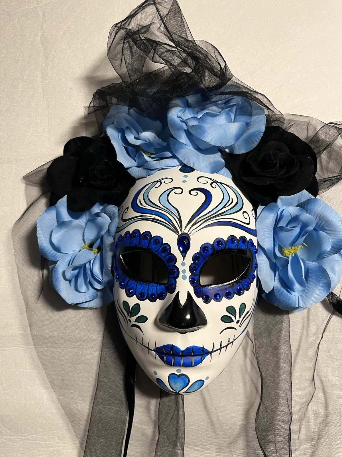 Day of the Dead Sugar Skull Mask Blue Black Flowers Long Veil Dia de los Muertos