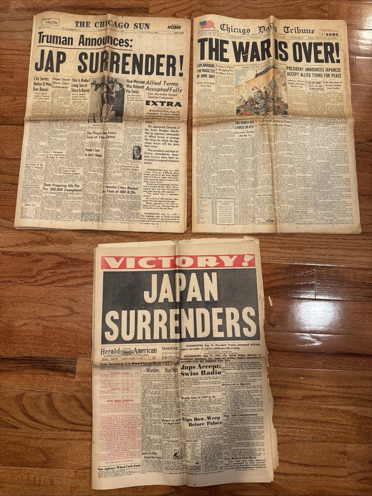 Vintage Chicago Daily Tribune, Chicago Sun / Herald - Japan Surrender War Over