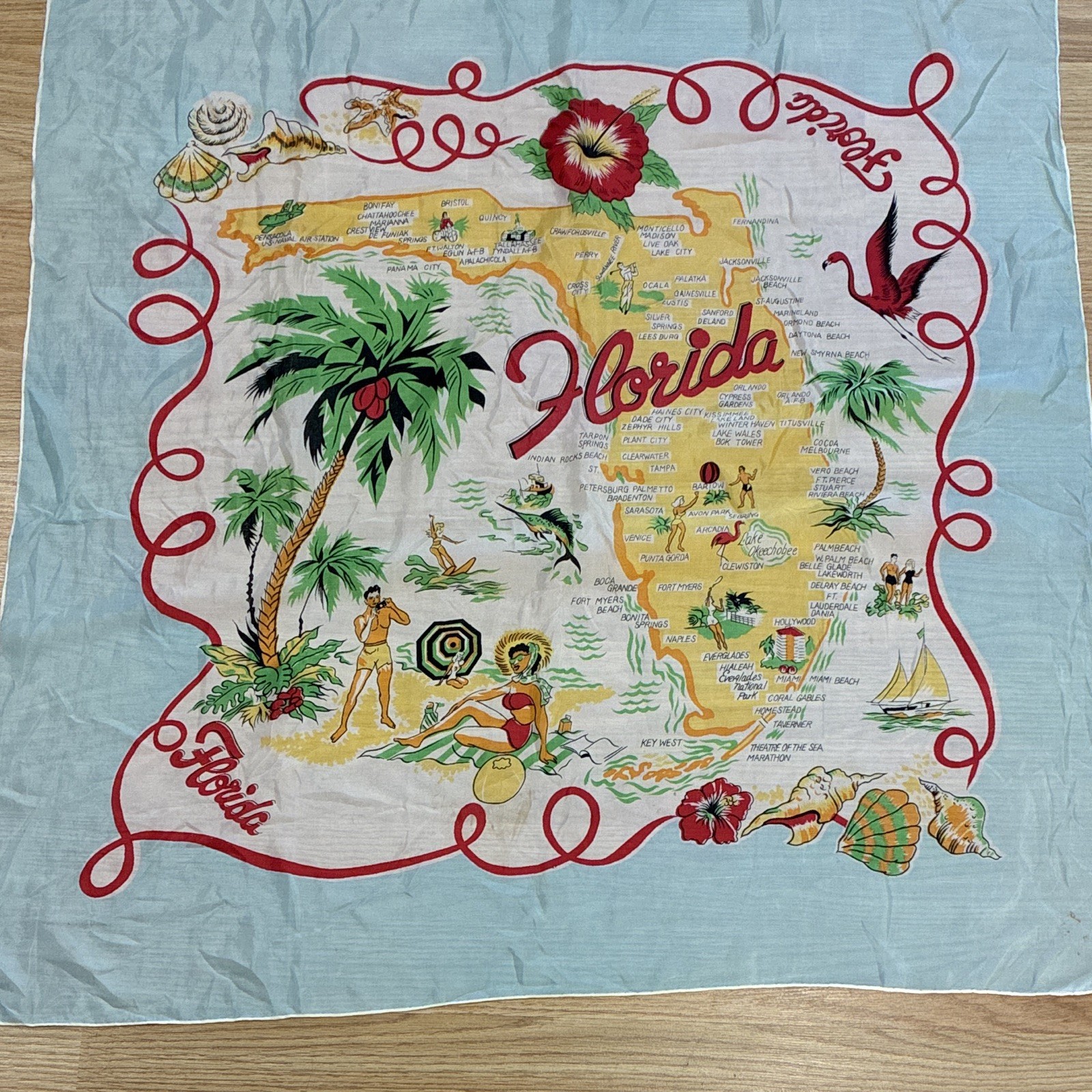 Vintage Florida Map Souvenir Silk  Scarf Illustrated Landmarks and Beach Design