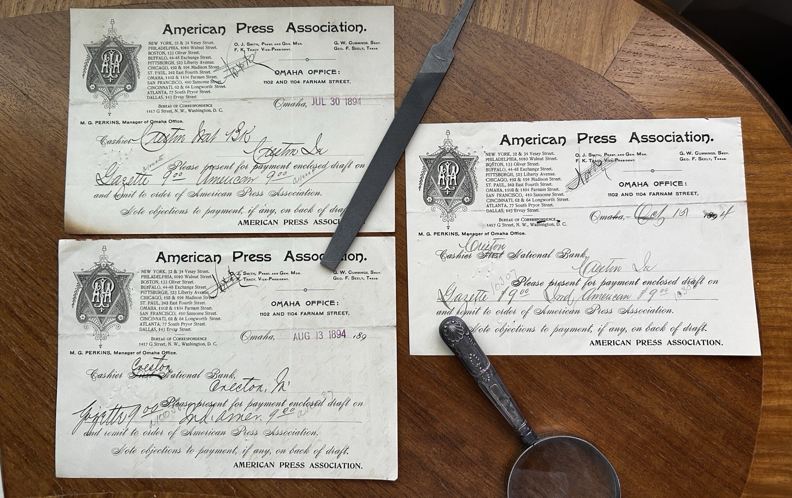 1894 American Press Assoc Omaha Bank Drafts Lot 4 Antique Newspaper Ephemera