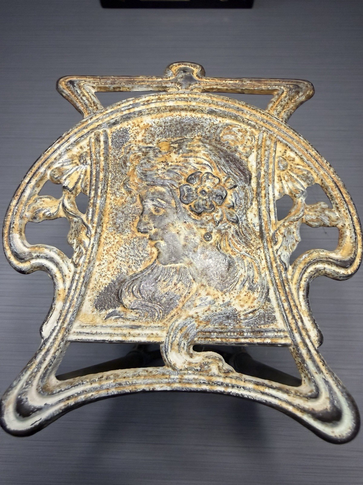 ANTIQUE FLORAL VICTORIAN USA ART NOUVEAU CAST IRON LADY HAIR BOOK RACK BOOKENDS