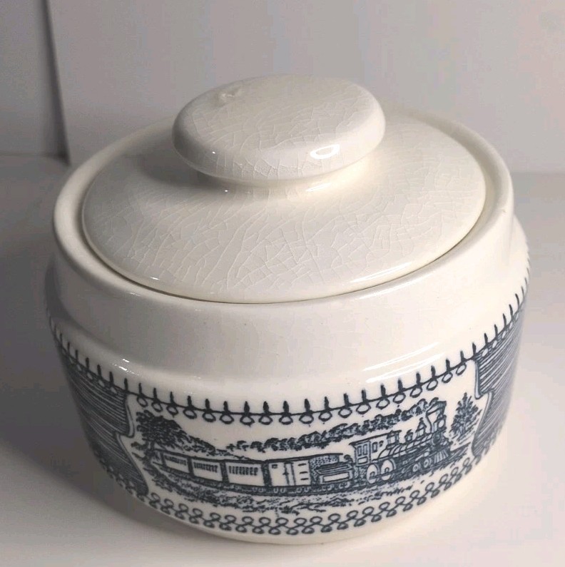 Vintage Currier and Ives Royal China Sugar Bowl With Whi Lid - Train Pattern