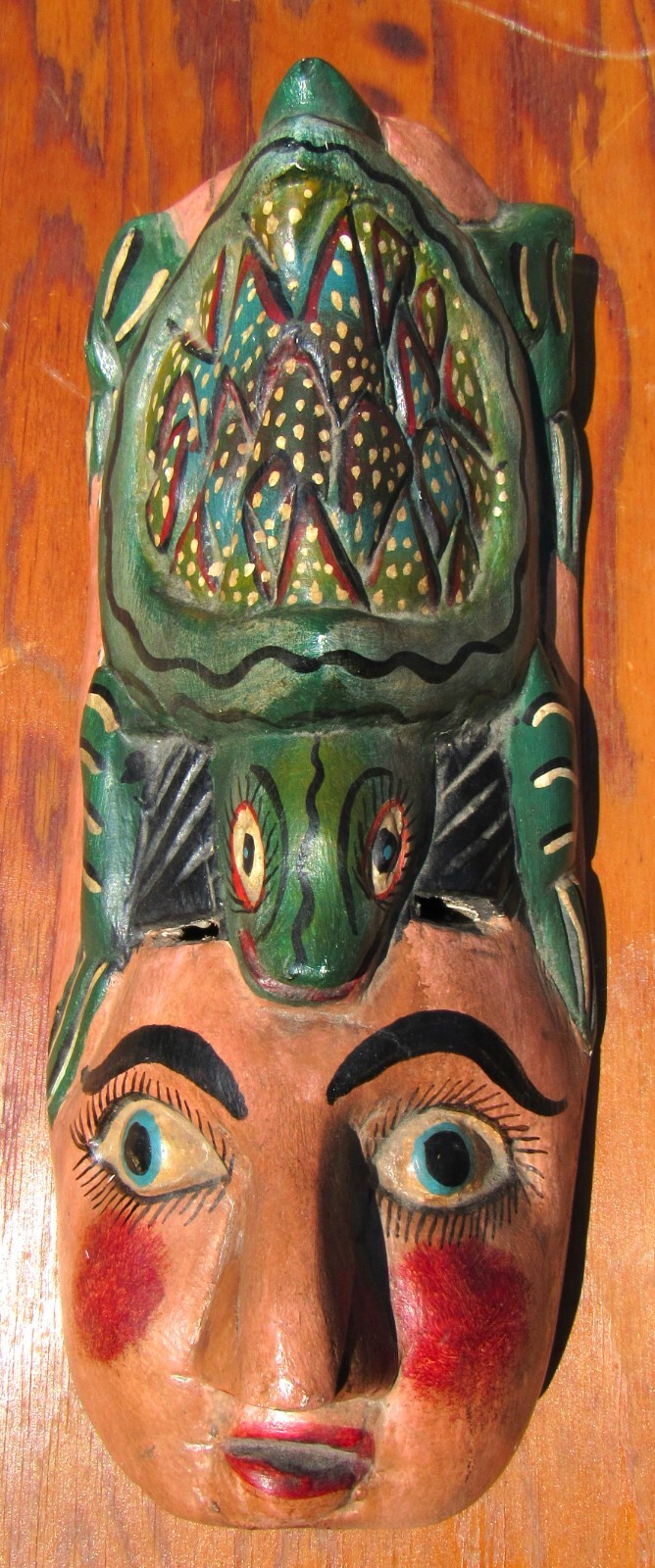 VINTAGE MEXICAN GUERRERO FOLK ART CARVED WOOD PERSON & TURTLE MASK DAY OF DEAD