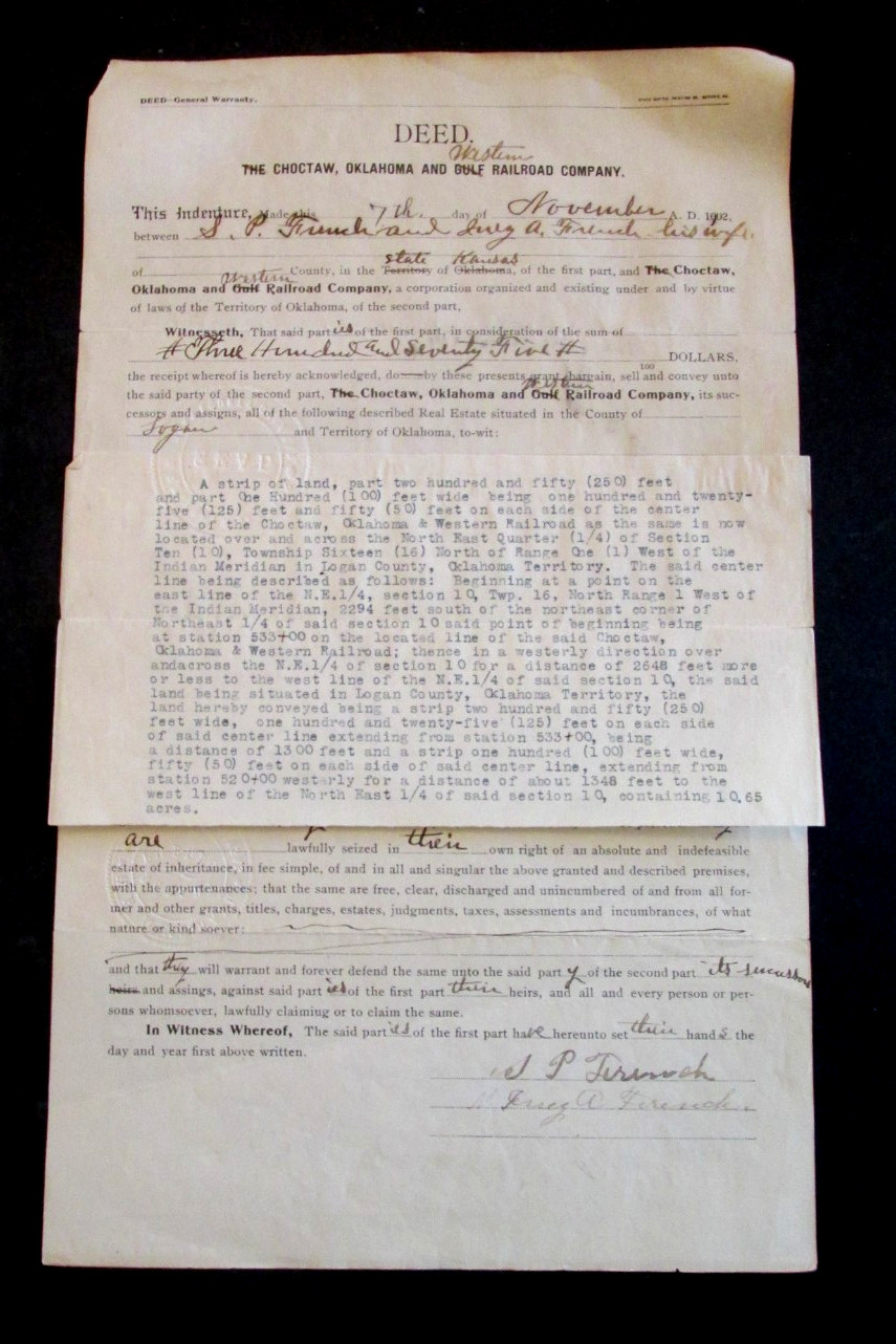 1902 Deed Choctaw Oklahoma Western Railroad Company Kansas Public Notary Vintage