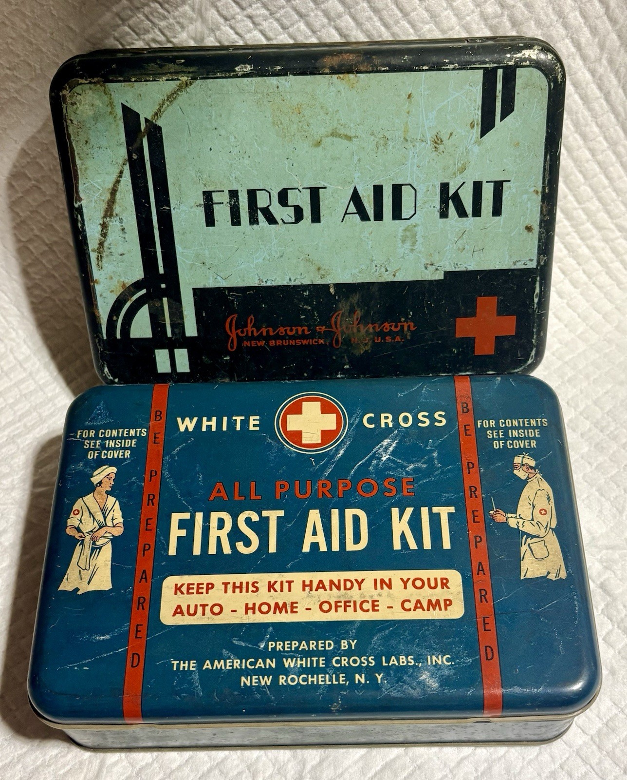 Antique Vintage Red Cross & White Cross First Aid Kit Hinged Tin 1940’s Art Deco