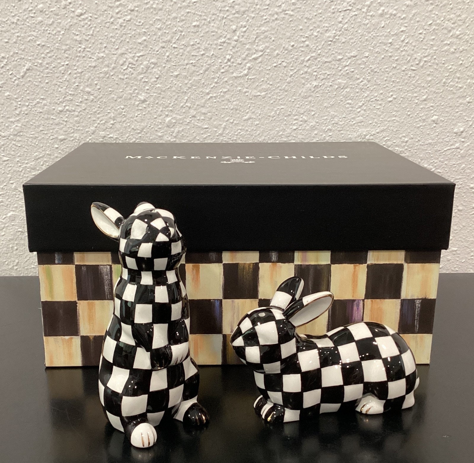 Mackenzie Childs Courtly Bunny Salt Pepper Set Ceramic Gold 3.5-4\