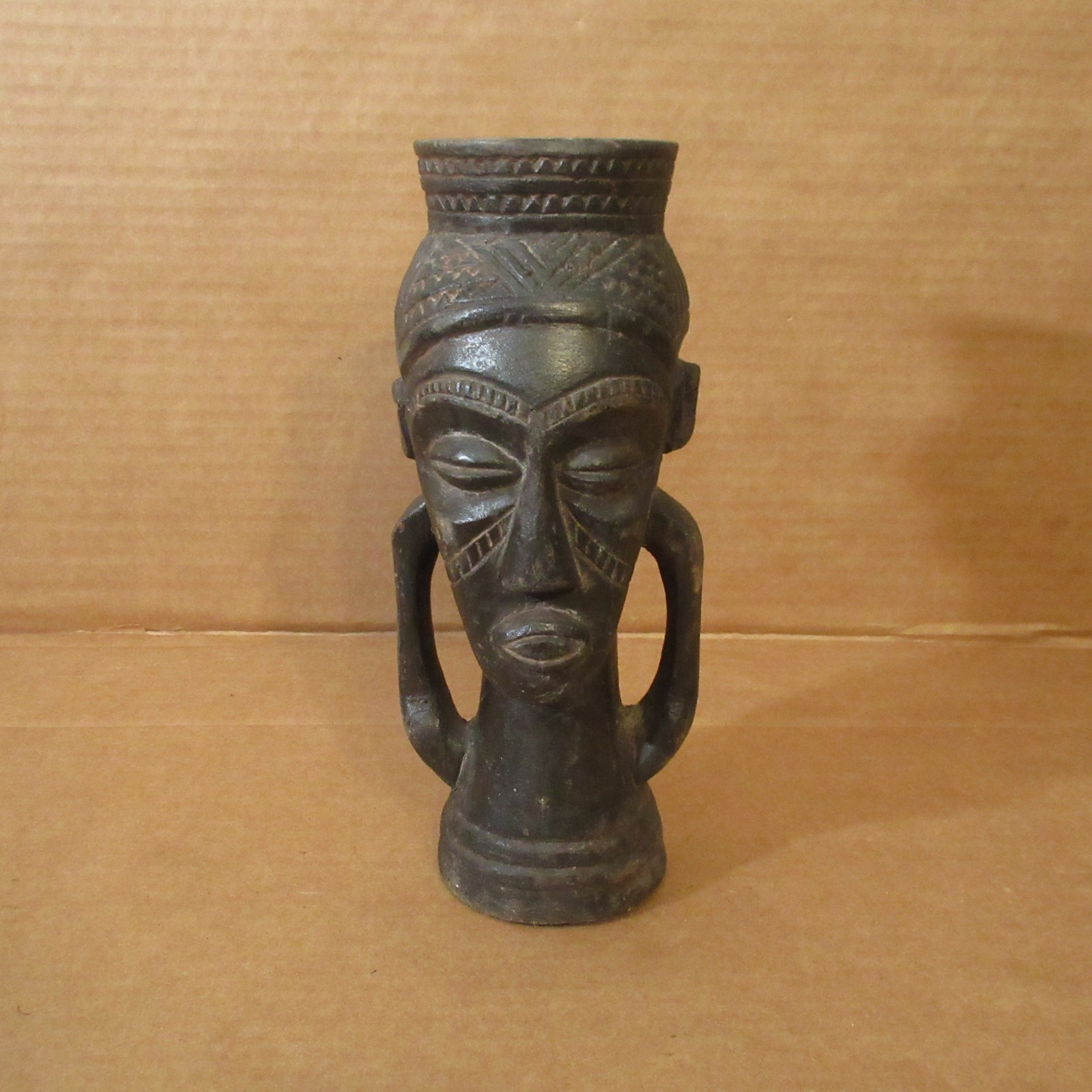 Antique Vtg African Hand Carved Palm Wine Kuba Cup Figural Head Gabon Congo 11\