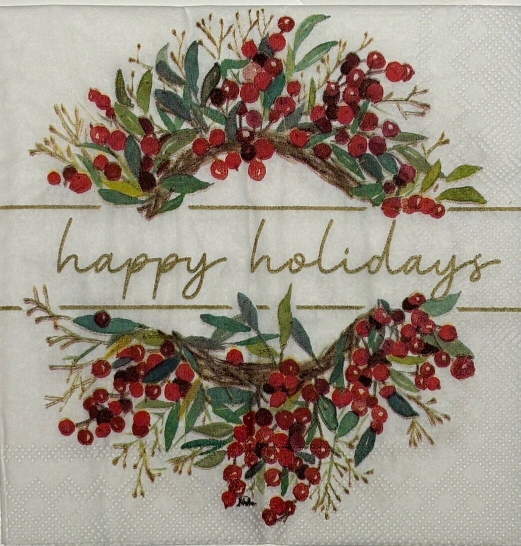 two Individual Beverage Holiday Wreath decoupage Paper napkins Christmas Red