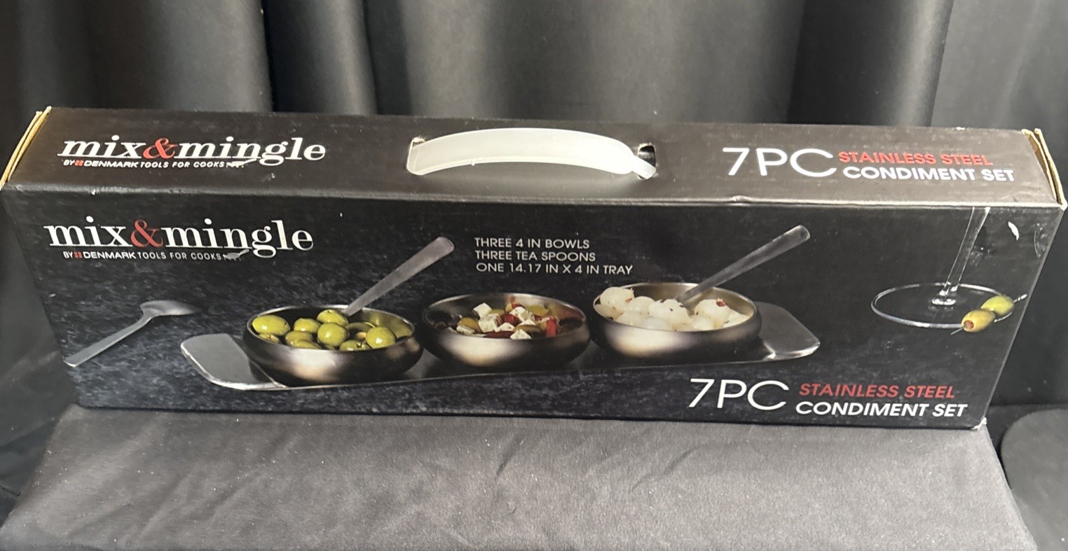 NIB Mix & Mingle 7pc. Stainless Steel Condiment Set, Tray, Bowls And Spoons
