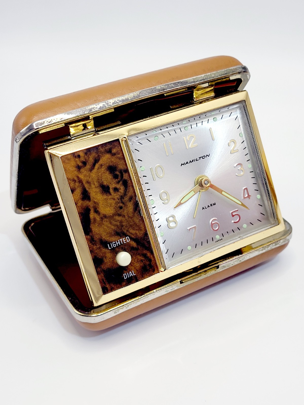 Vintage 1970s Hamilton Travel Alarm Clock Faux Wood Gold Tone Case Ticks Rings