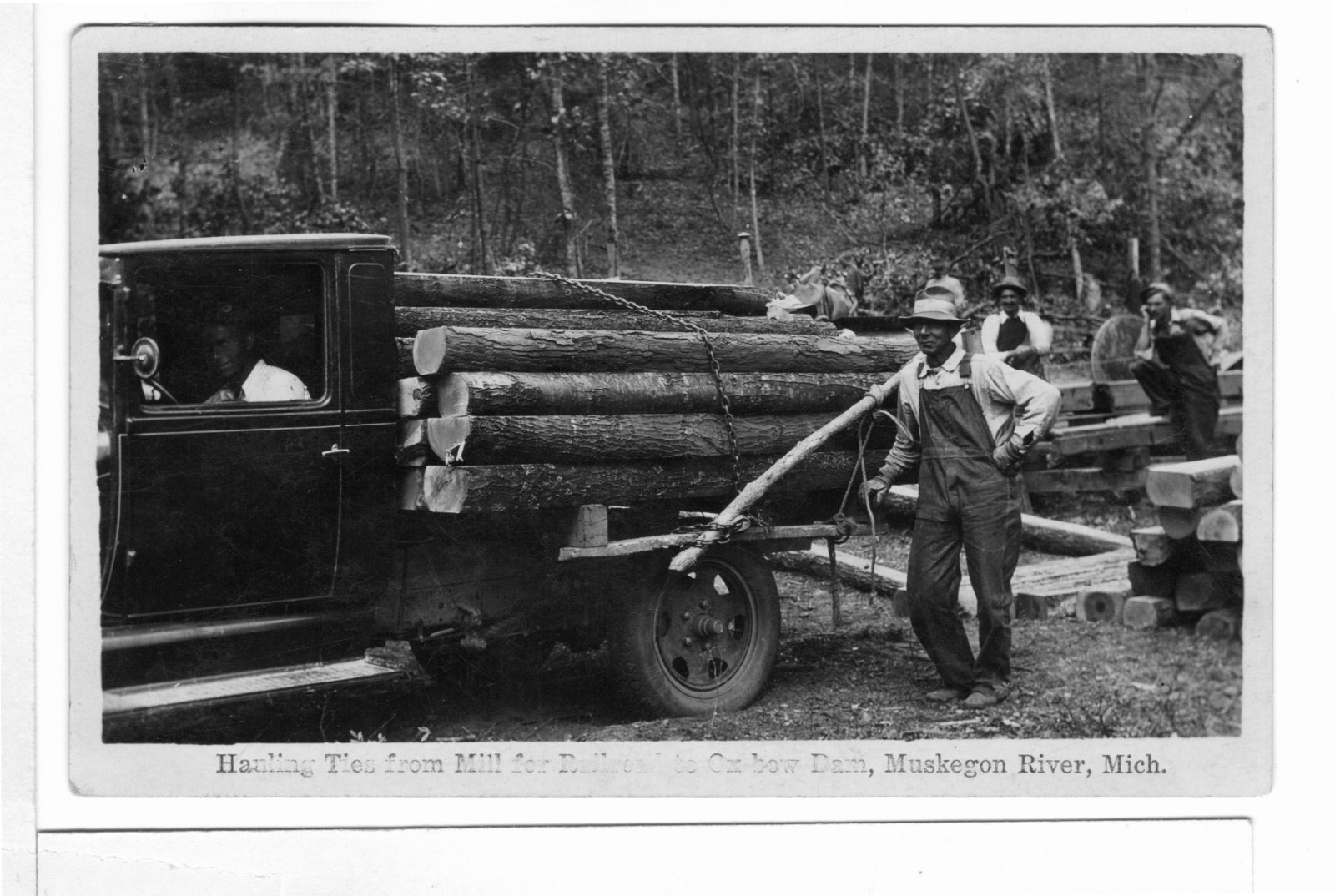 1929 RPPC Postcard Muskegon River MI Hauling Ties to Railroad Ox-Bow Dam-BR1