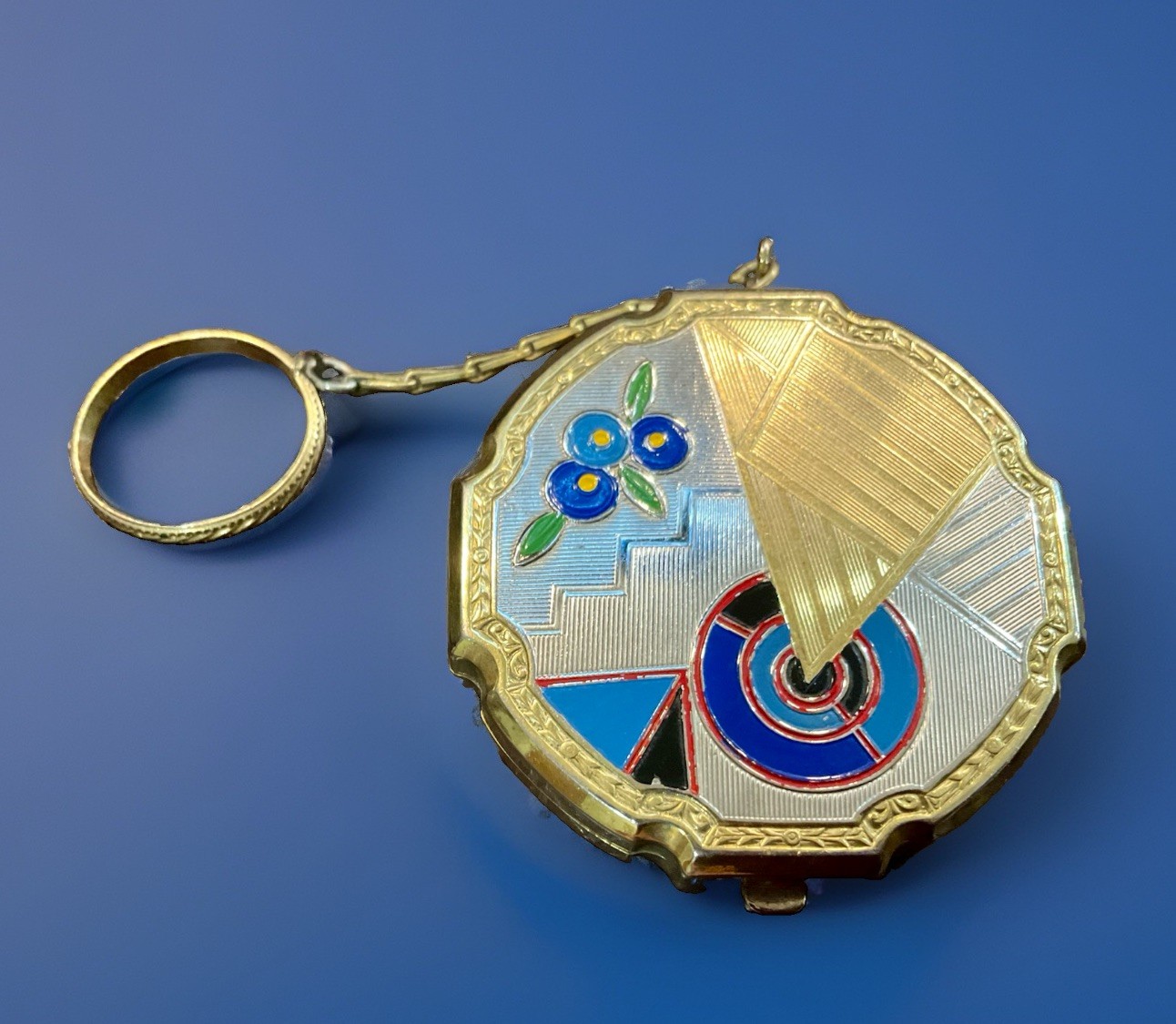 Antique Art Deco Dance Compact w/ Finger Ring Colorful Enamel Gold Silver