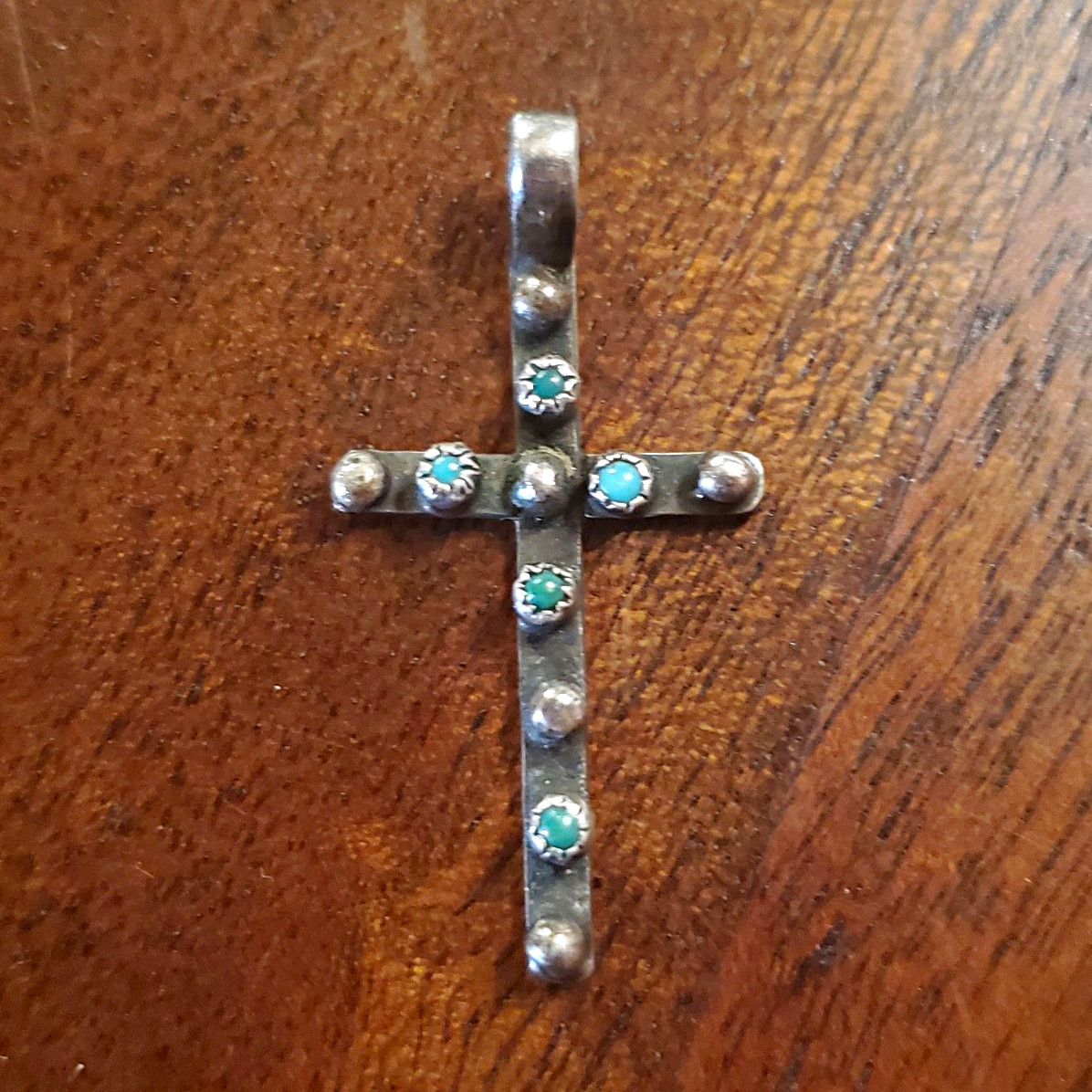 Vintage Handmade Silver Turquoise Cross Pendant Southwestern Artisan
