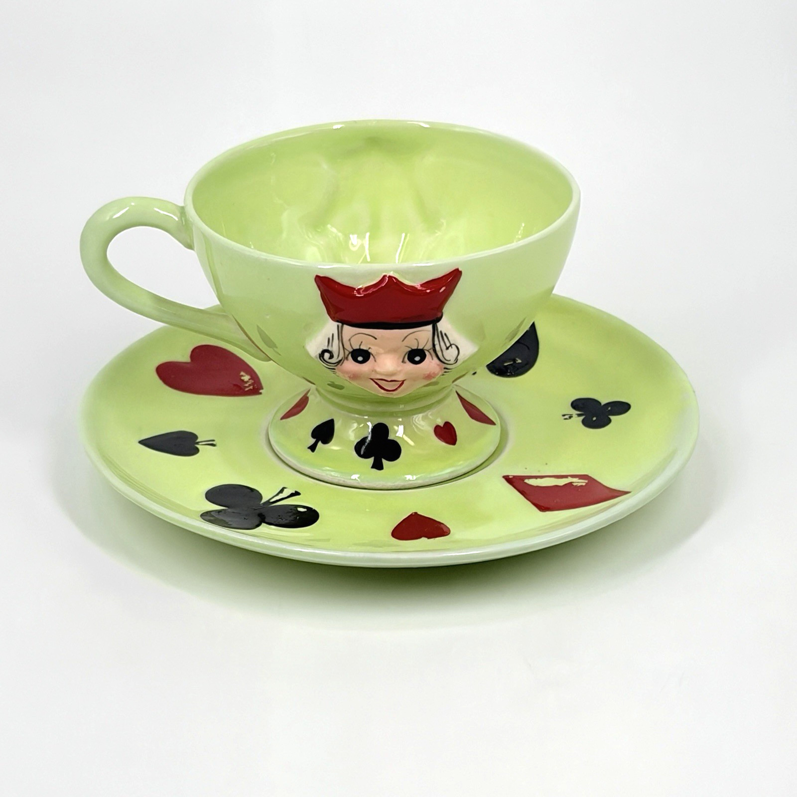 Vintage Kreiss Teacup Saucer Set Joker Queen Playing Card Alice in Wonderland