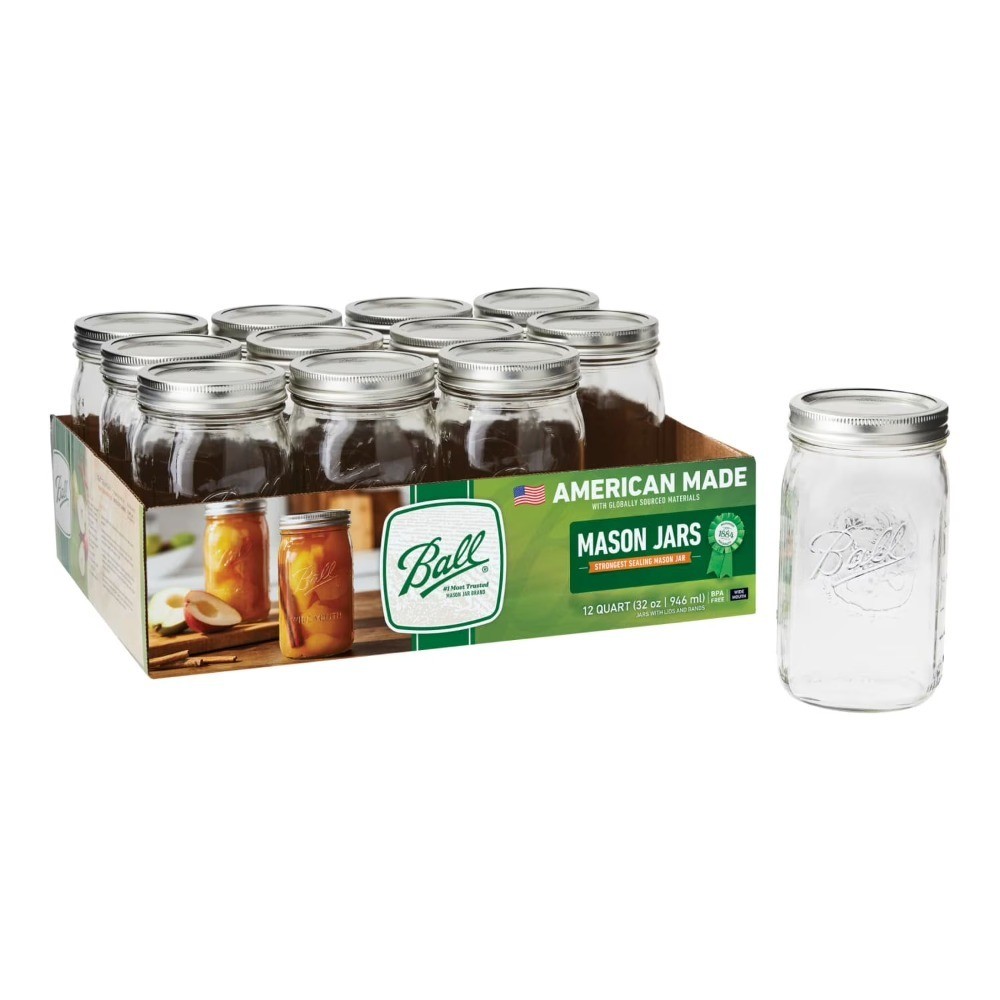 Wide Mouth Quart 32oz Glass Mason Jars with Lids and Bands, 12 Count