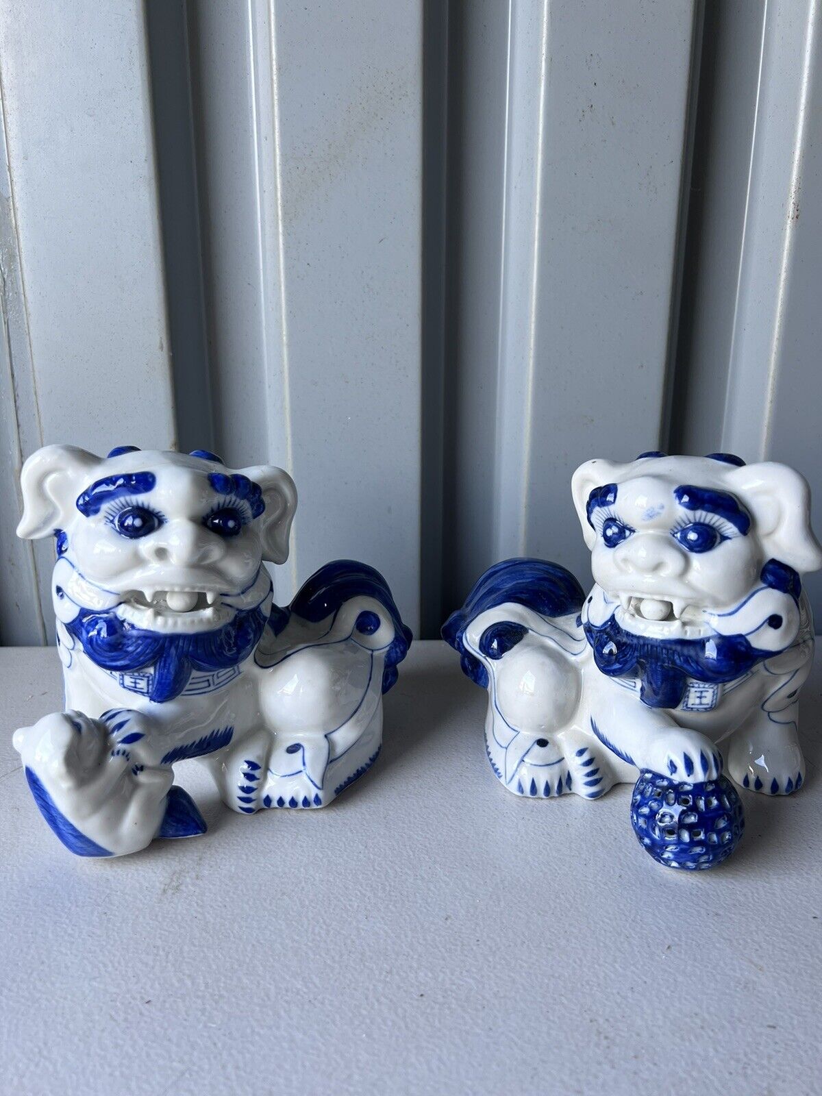 Pair Unique Chinese Blue White Porcelain FOO Dogs w/ Dragon On Their Backs