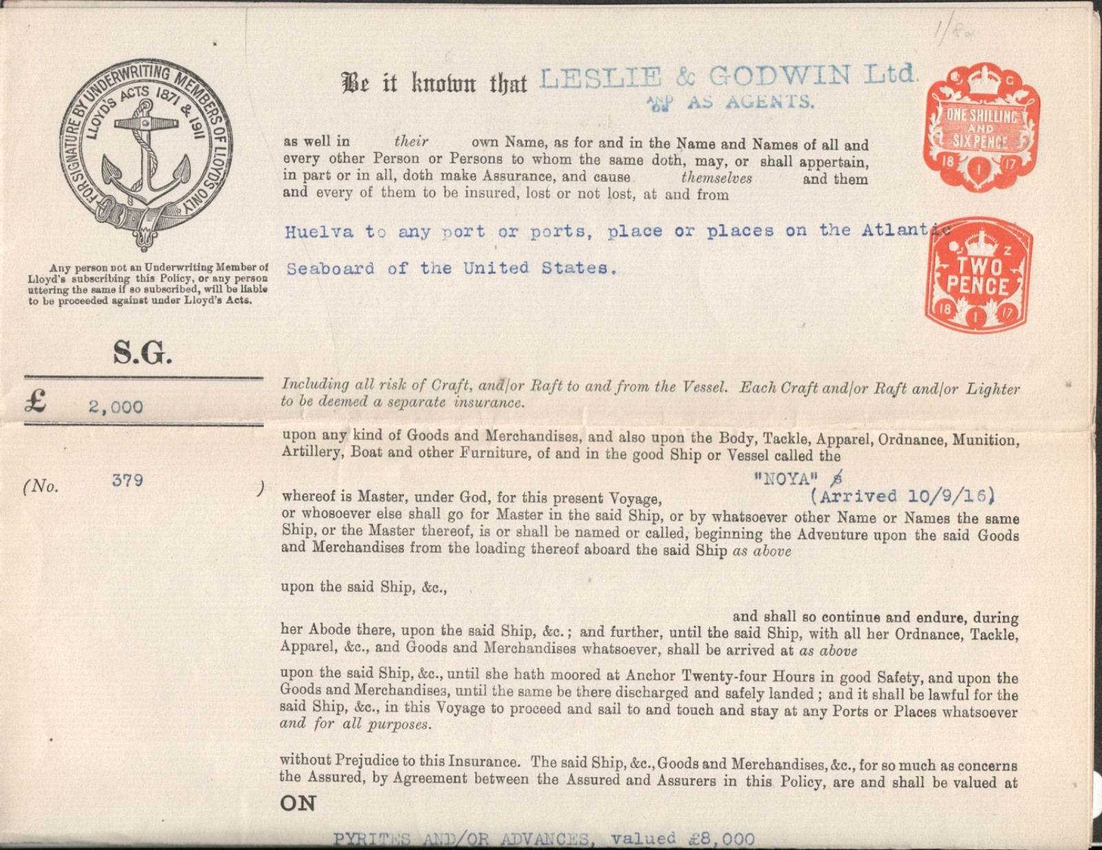 1916 SS Steam Ship NOYA British Insurance Policy to US Document Letter